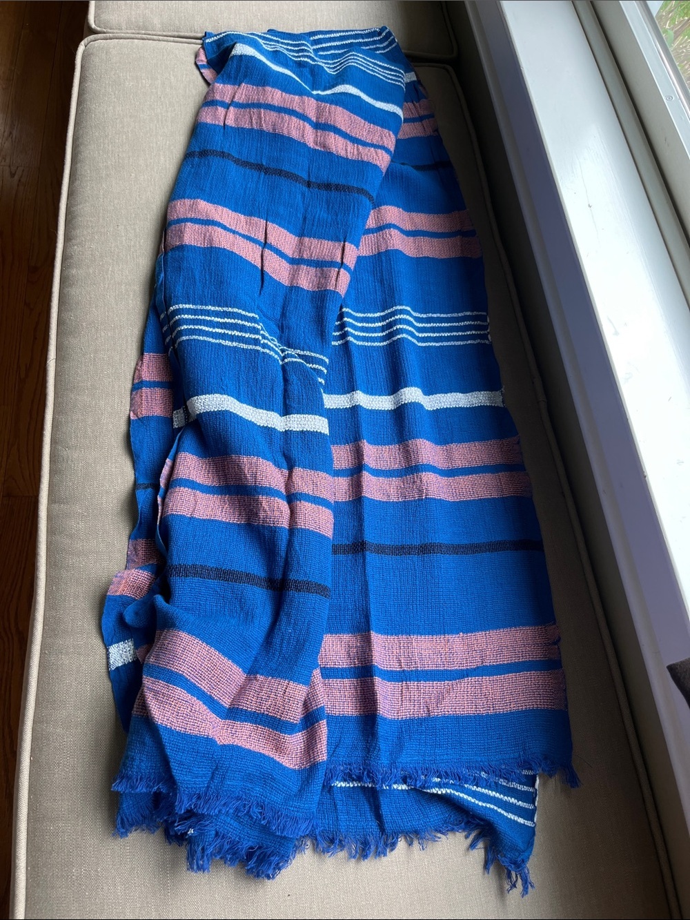 Blue Striped Woven Scarf Wrap Sarong with Pink & White Accents